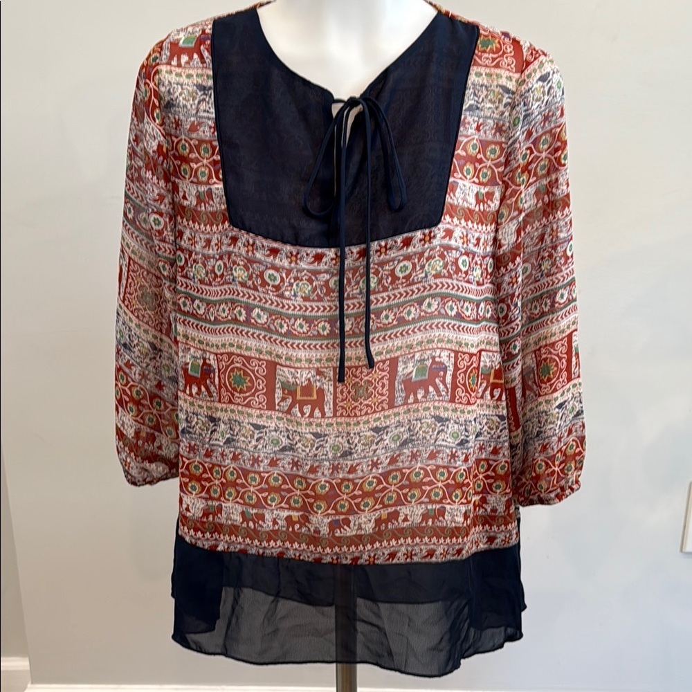 Poema Medium Sheer Navy and Red Elephant Patterned Blouse